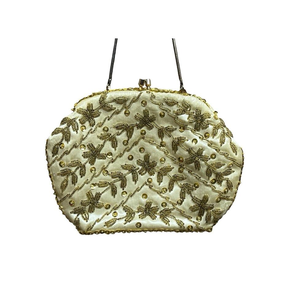 Vintage Grande Maison Blanche Hong Kong Gold Beaded Satin Formal Clutch Purse